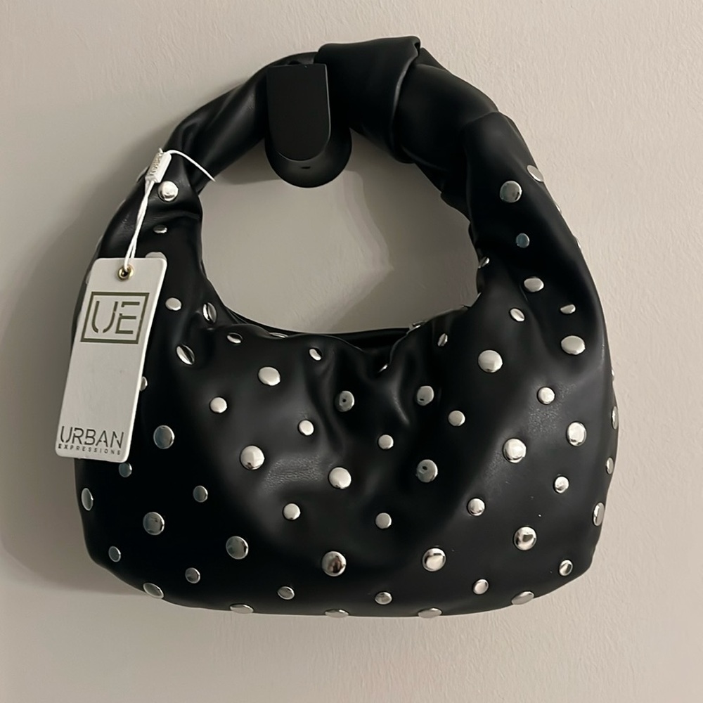 NWT URBAN EXPRESSIONS Tracy Studded Clutch Black Vegan Leather With Silver Studs
